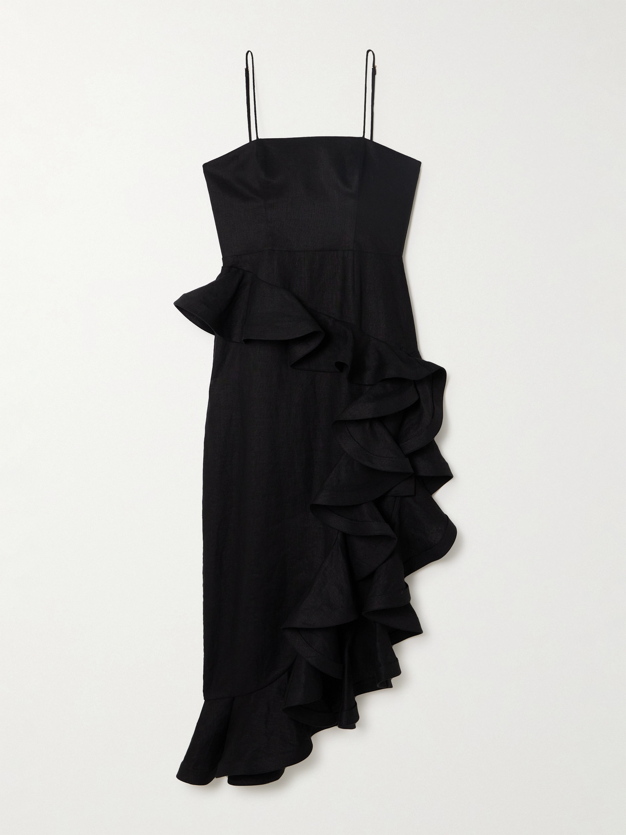 Zimmermann Asymmetric Ruffled Linen Midi Dress In Black