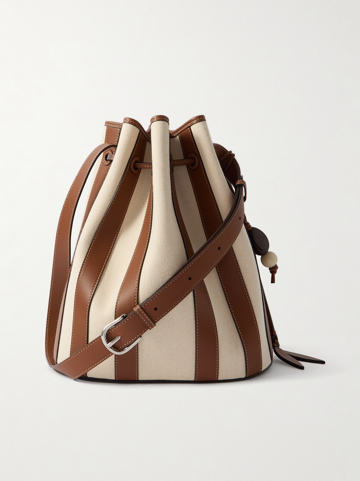 Hunting Season The Extra Large Drawstring Striped Leather And Canvas Bucket Bag In Brown