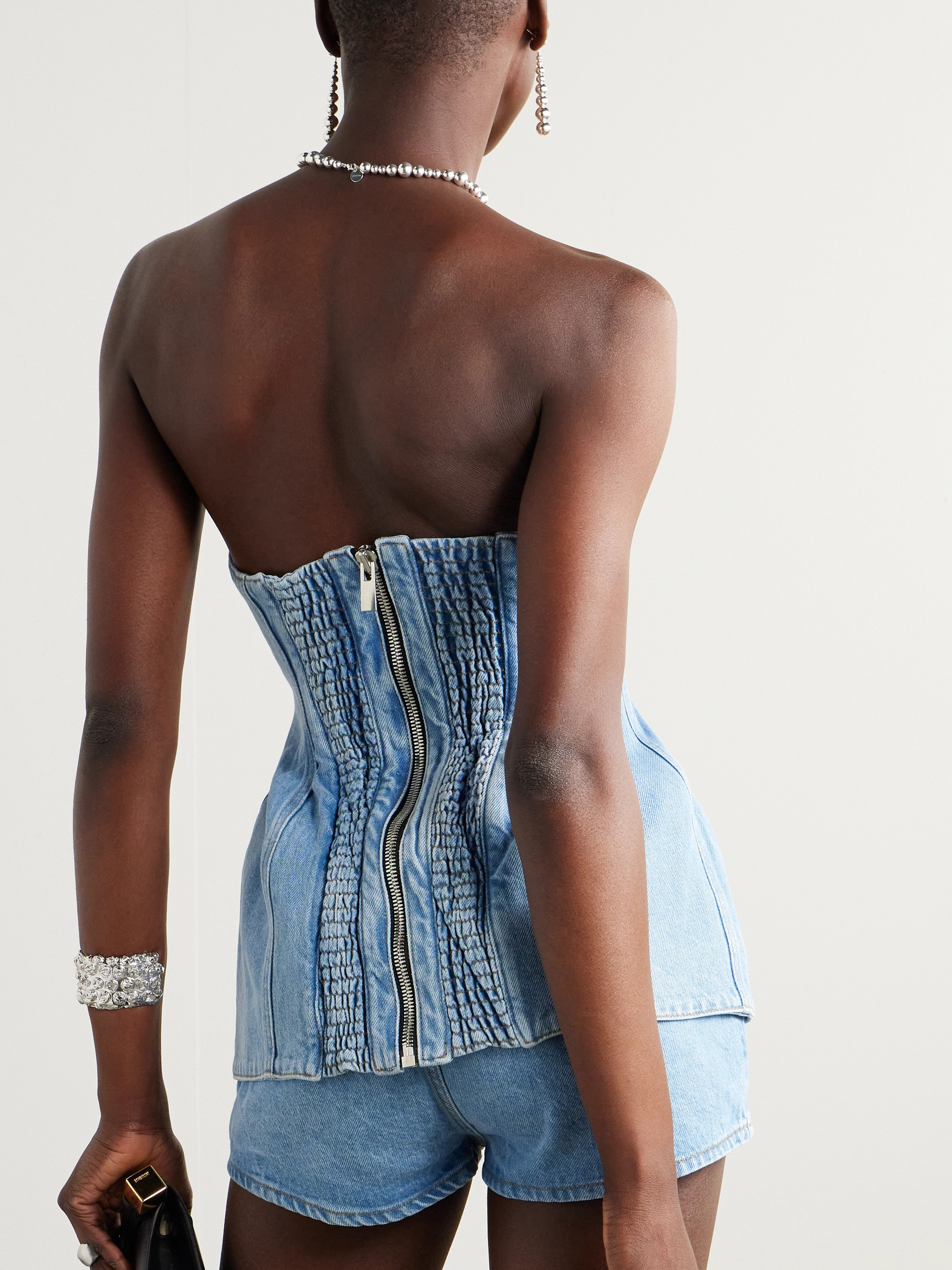 Magda Butrym Strapless shirred paneled denim bustier top