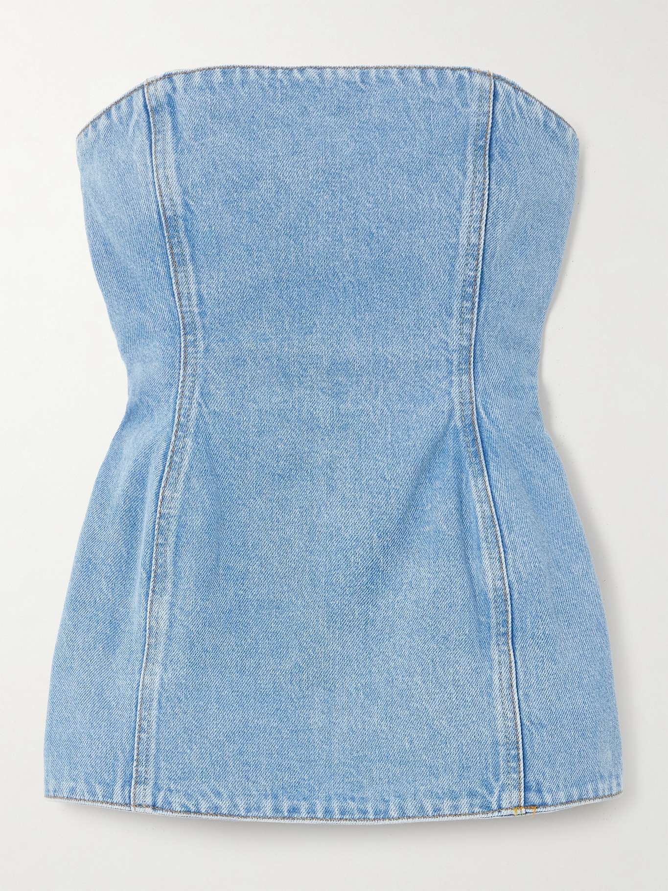 MAGDA BUTRYM Strapless shirred paneled denim bustier top | NET-A-PORTER
