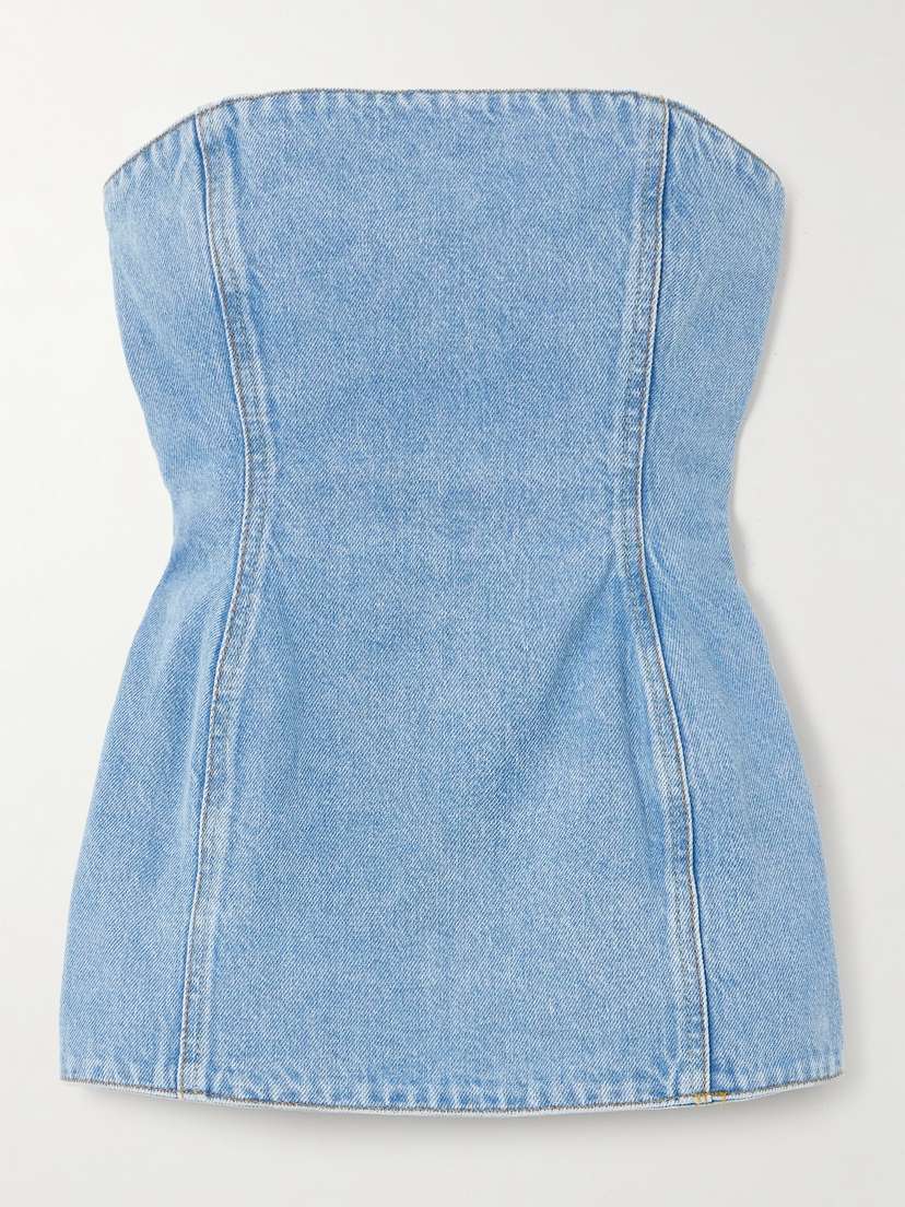 Magda Butrym Strapless Shirred Paneled Denim Bustier Top