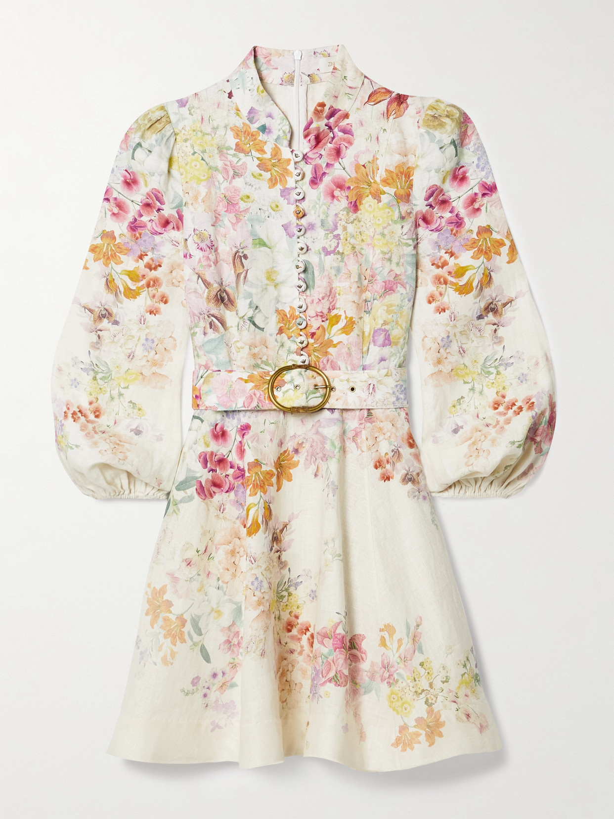 Zimmermann Bonita Floral-print Broderie Anglaise Belted Mini Dress In Multicolor Linen In Pink