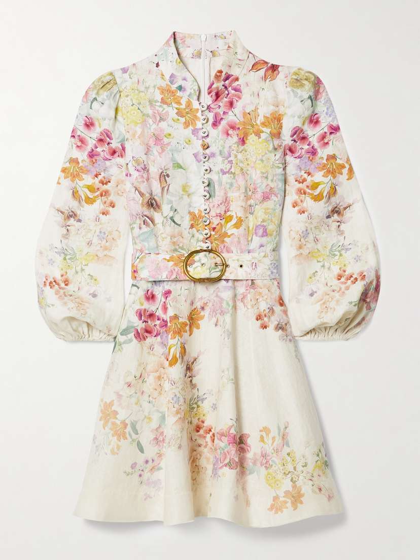 Zimmermann + Net Sustain Natura Belted Floral-print Linen Mini Dress