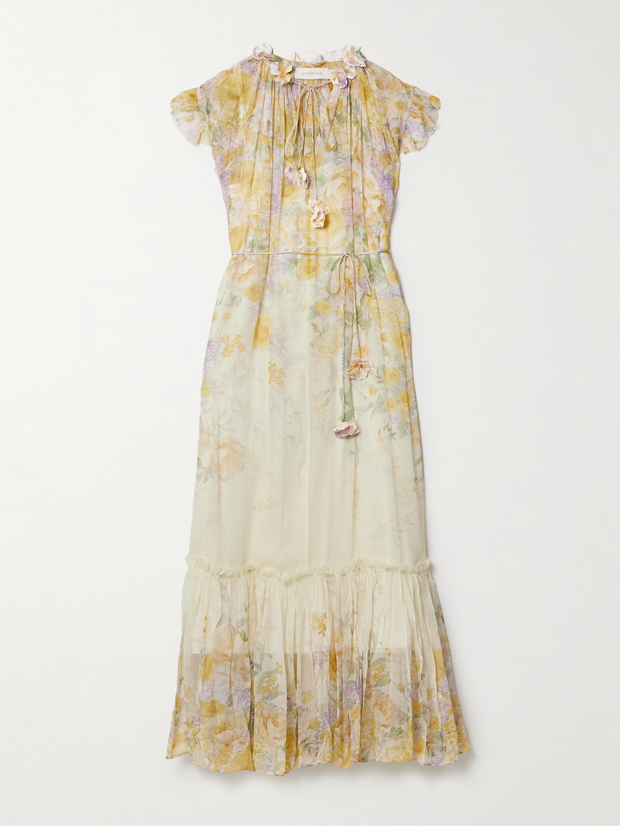 Zimmermann + Net Sustain Natura Appliquéd Belted Floral-print Recycled-crepon Midi Dress In Yellow