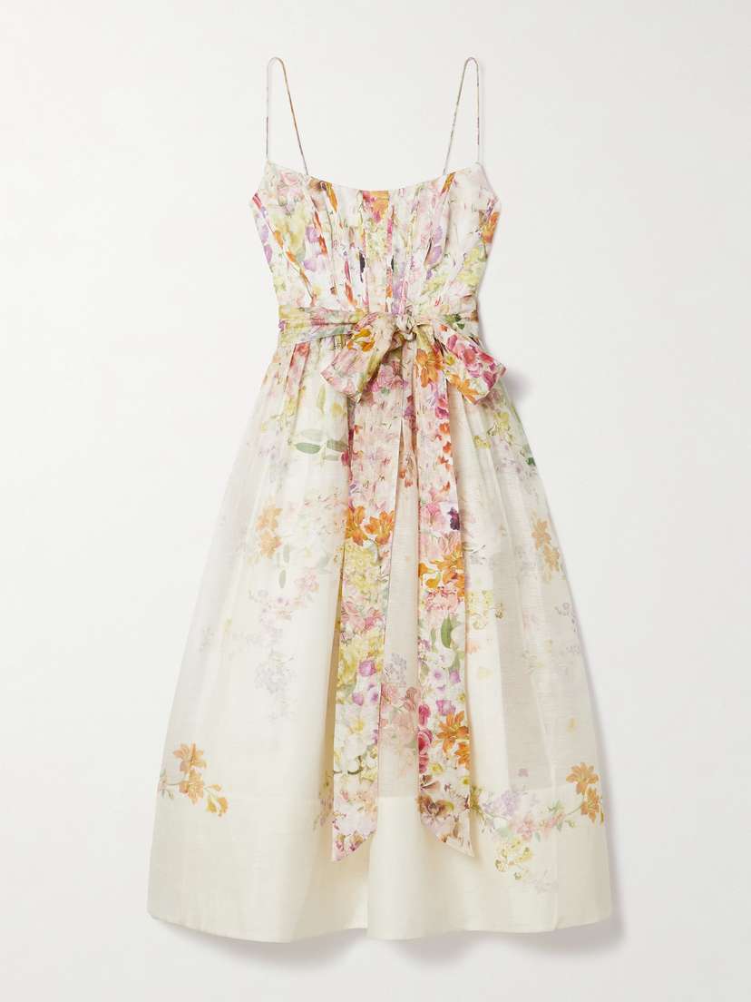 Zimmermann Natura Belted Floral-print Linen And Silk-blend Midi Dress