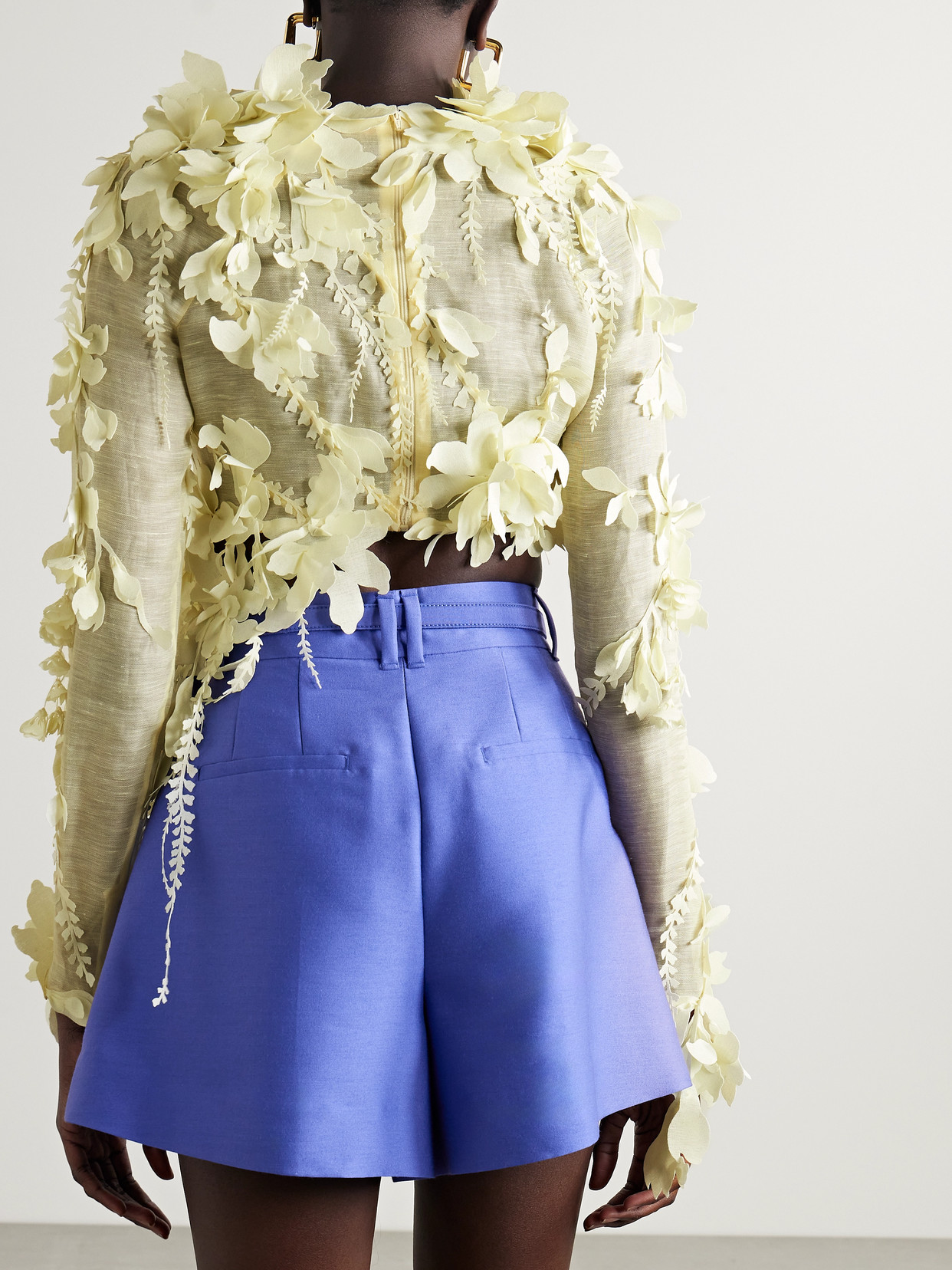 Zimmermann Harmony Cropped Asymmetric Appliquéd Linen And Silk-blend Top In Yellow