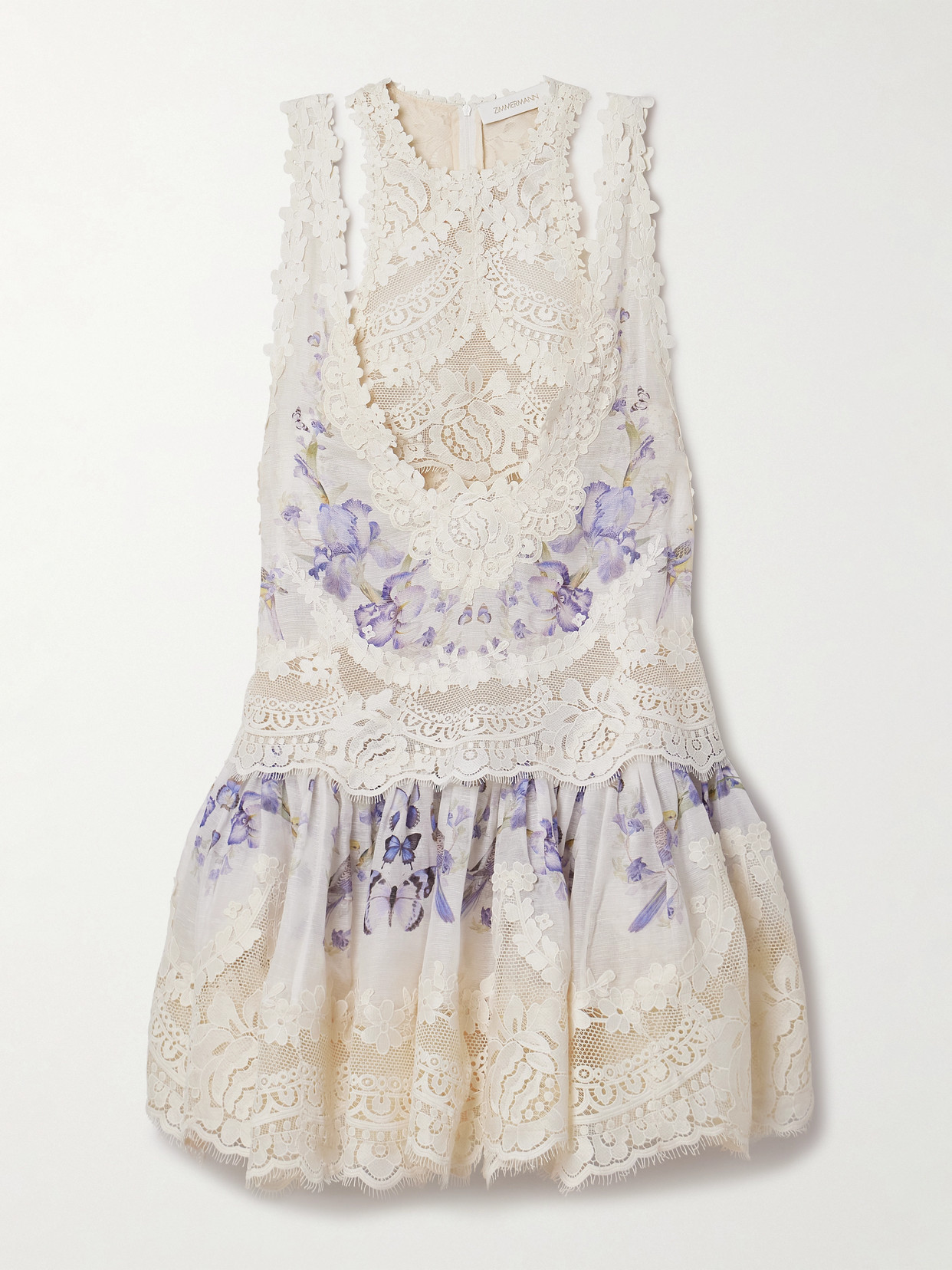 Zimmermann Natura Guipure Lace-trimmed Floral-print Linen And Silk-blend Mini Dress In Blue