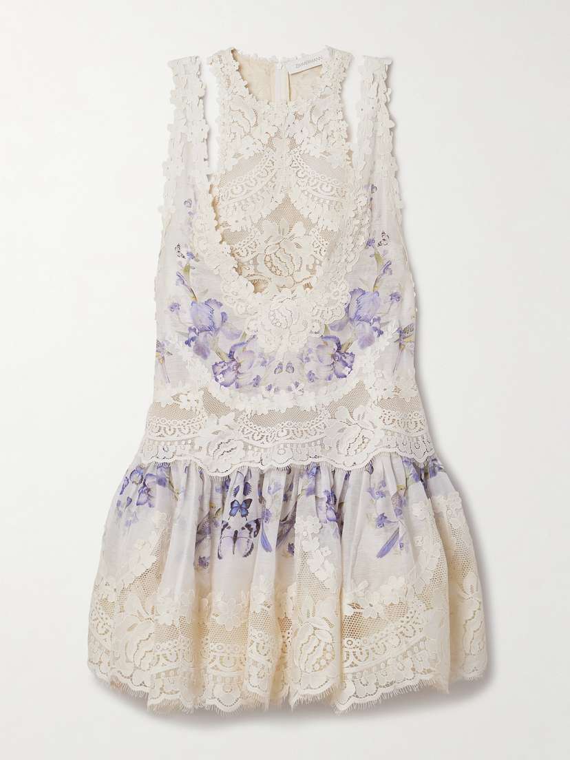 Zimmermann Natura Guipure Lace-trimmed Floral-print Linen And Silk-blend Mini Dress