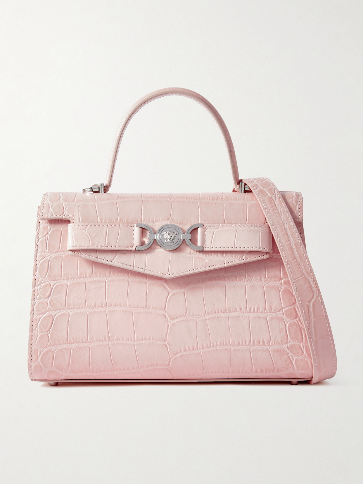 Shop Versace Embellished Croc-effect Leather Shoulder Bag In Pink