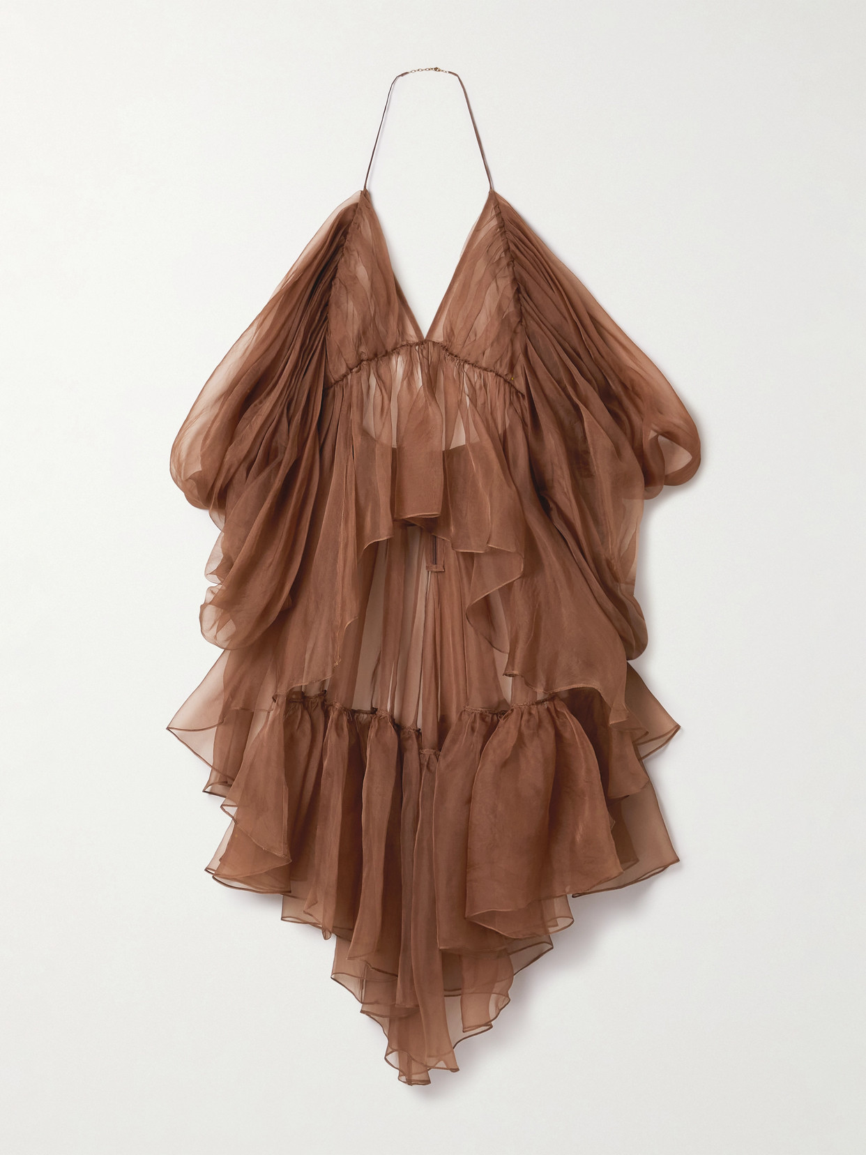 Zimmermann Cold-shoulder Draped Silk-organza Top In Brown