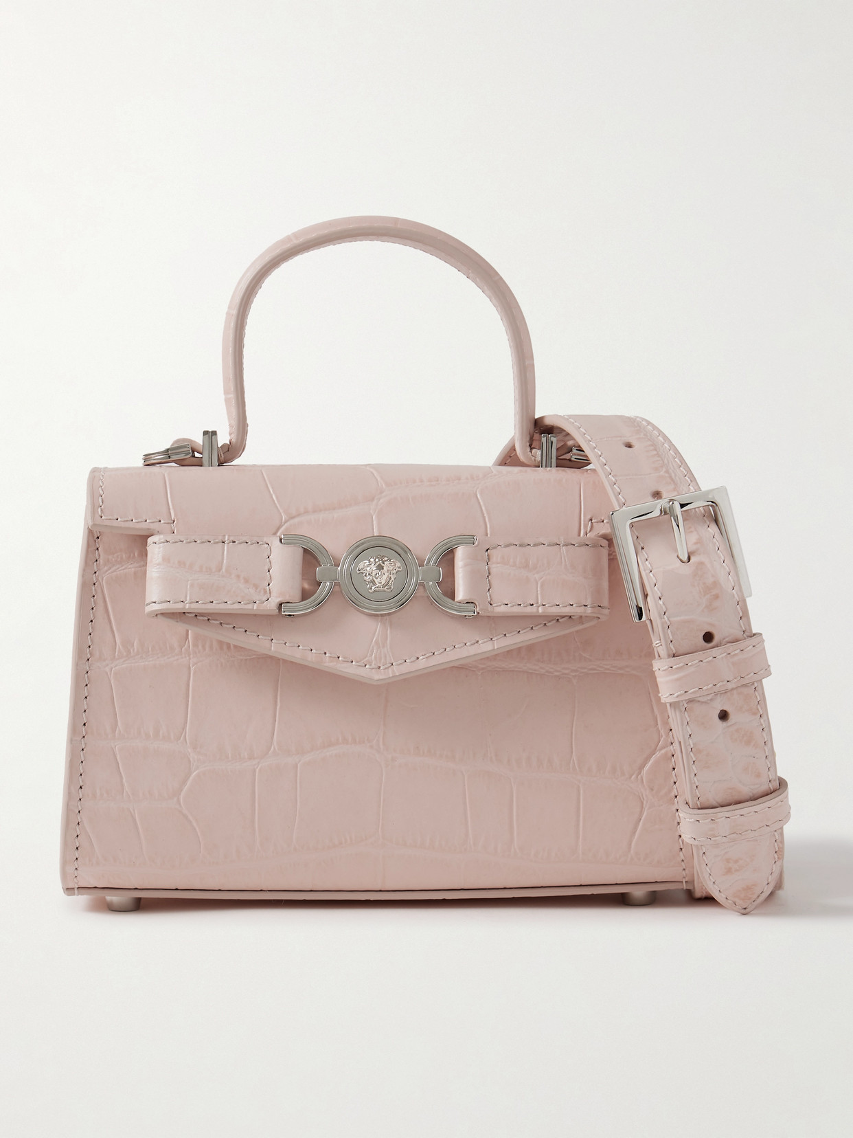 Versace Mini Embellished Croc-effect Leather Shoulder Bag In Pink