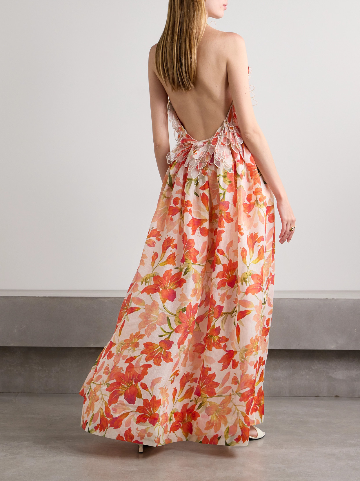 Zimmermann Tranquility Appliquéd Floral-print Linen And Silk-blend Halterneck Maxi Dress In Multi