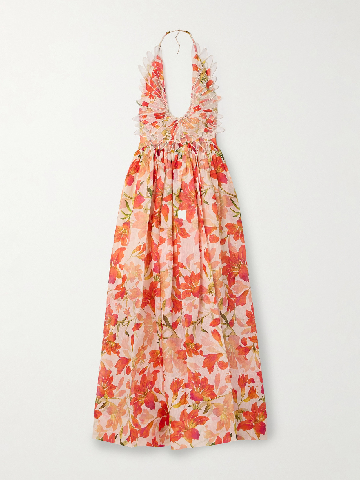 Zimmermann Tranquility Appliquéd Floral-print Linen And Silk-blend Halterneck Maxi Dress In Multi