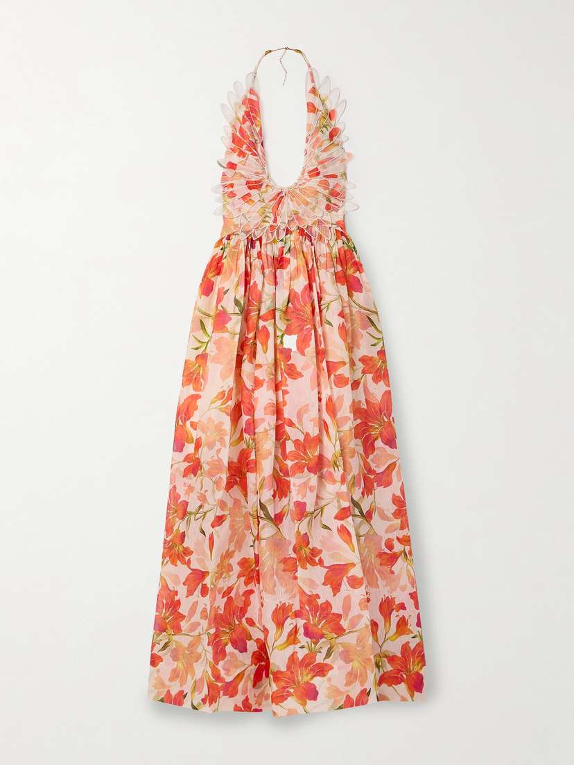 Zimmermann Tranquility Appliquéd Floral-print Linen And Silk-blend Halterneck Maxi Dress