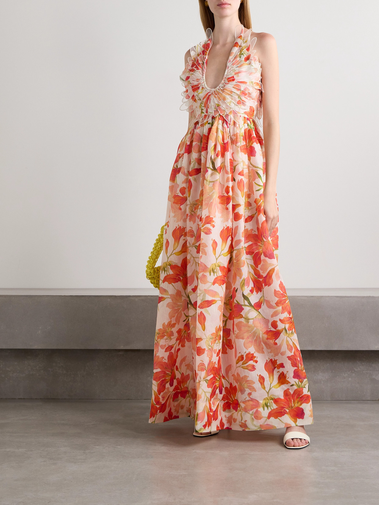 Zimmermann Tranquility Appliquéd Floral-print Linen And Silk-blend Halterneck Maxi Dress In Multi