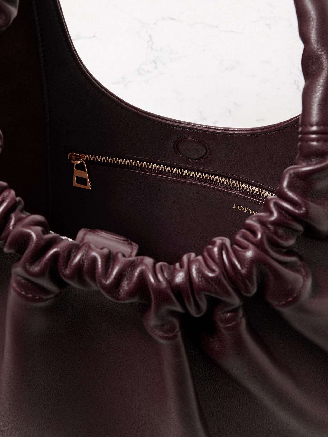 Shop Loewe Squeeze Small Chain-embellished Gathered Leather Tote In Burgundy