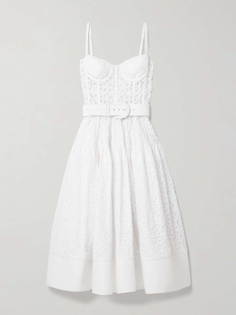 Sergio Hudson Belted Broderie Anglaise Cotton Midi Dress