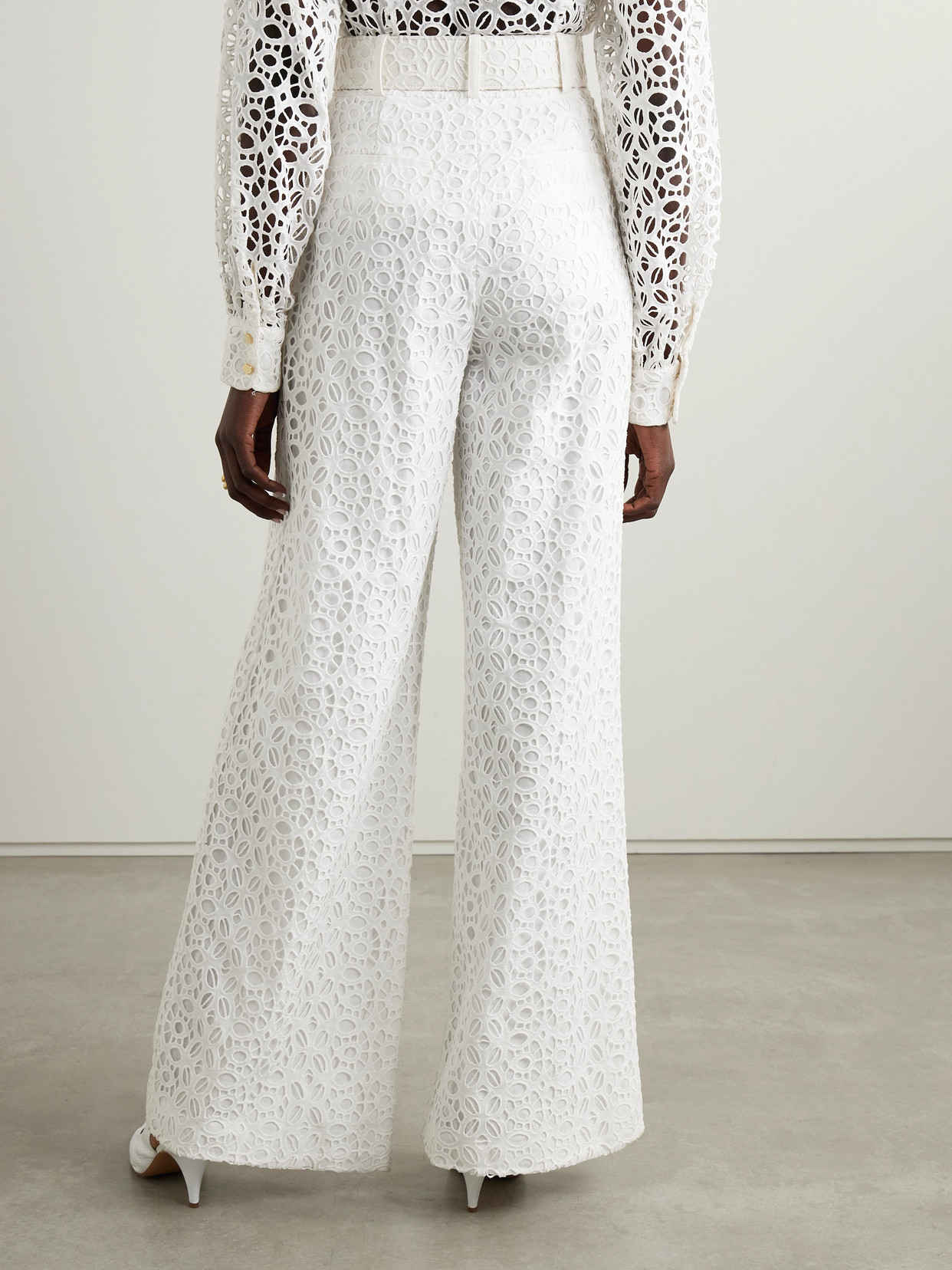 Sergio Hudson Belted Pleated Broderie Anglaise Cotton Wide-leg Pants In White