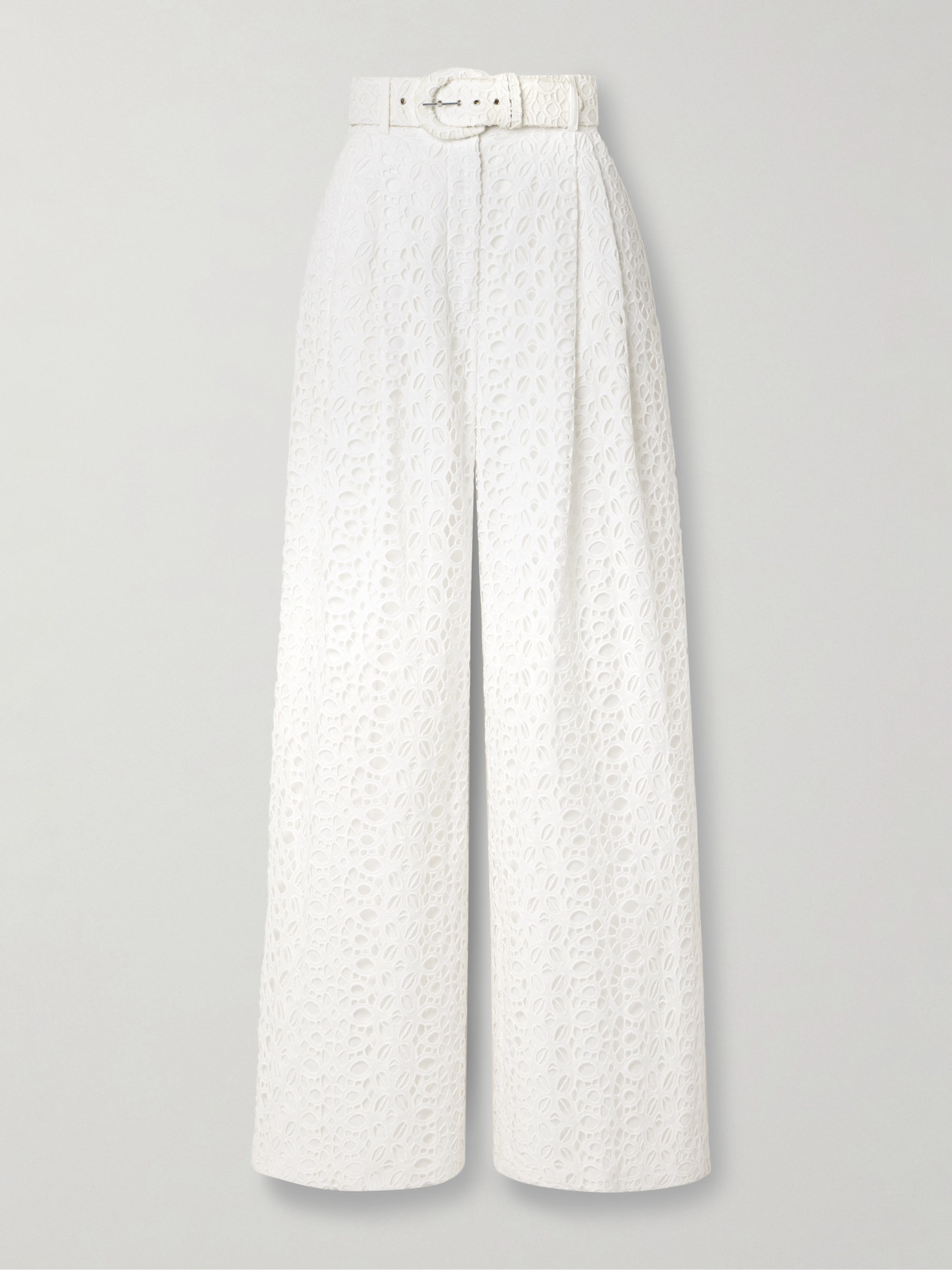 Sergio Hudson - Belted Pleated Broderie Anglaise Cotton Wide-leg Pants - White