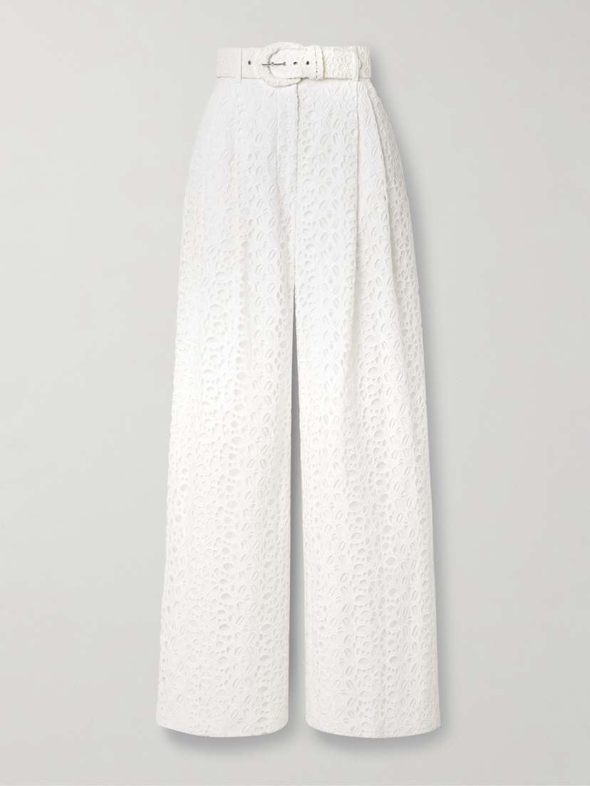 Sergio Hudson Belted Pleated Broderie Anglaise Cotton Wide-leg Pants
