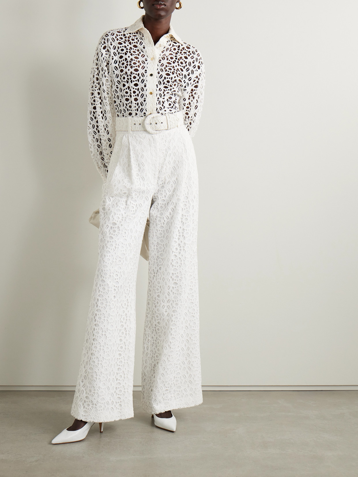 Sergio Hudson Belted Pleated Broderie Anglaise Cotton Wide-leg Pants In White