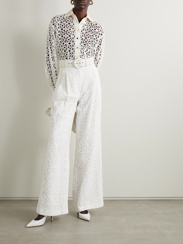 Sergio Hudson Belted pleated broderie anglaise cotton wide-leg pants
