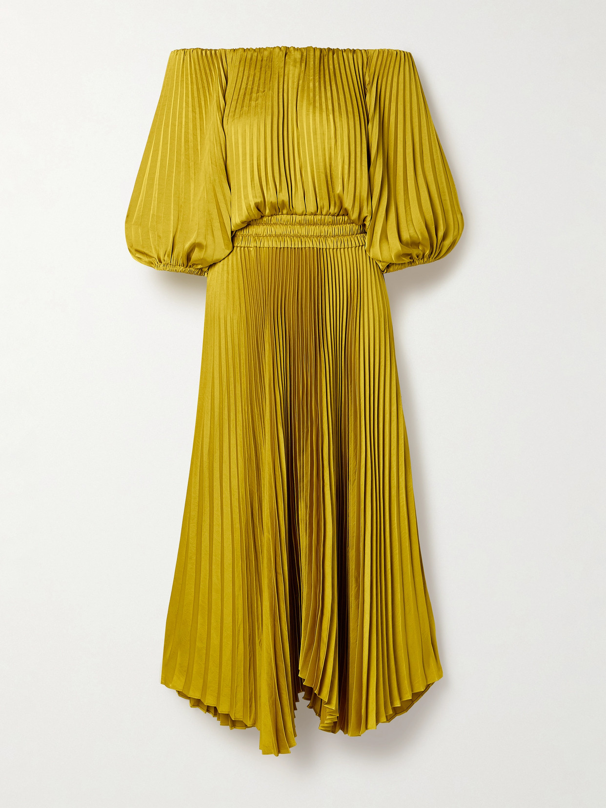 Shop A.l.c Sienna Off-the-shoulder Pleated Satin Midi Dress In Yellow