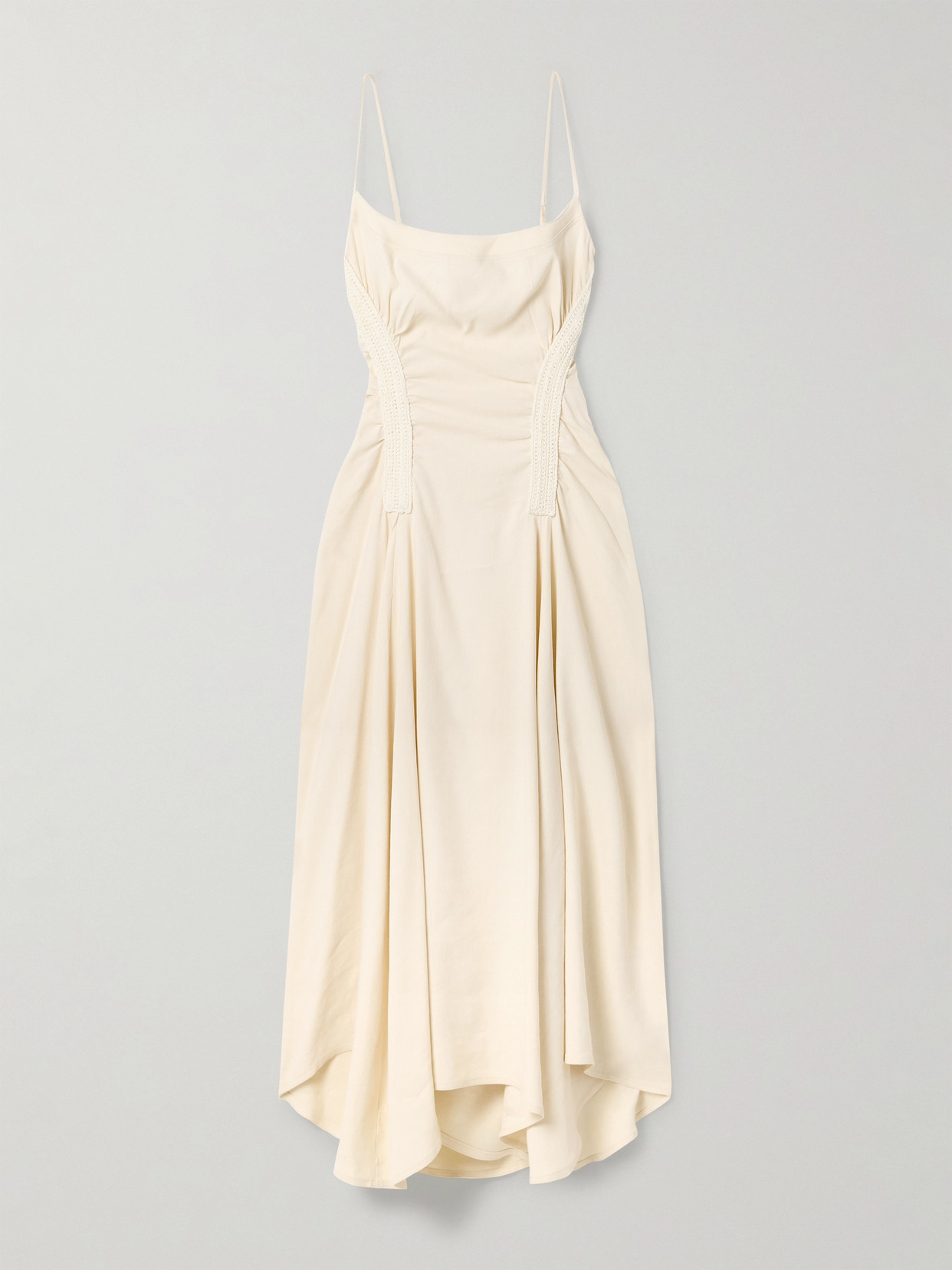 A.l.c Silvia Asymmetrical Crochet-trimmed Ruched Linen-blend Twill Midi Dress In Ecru