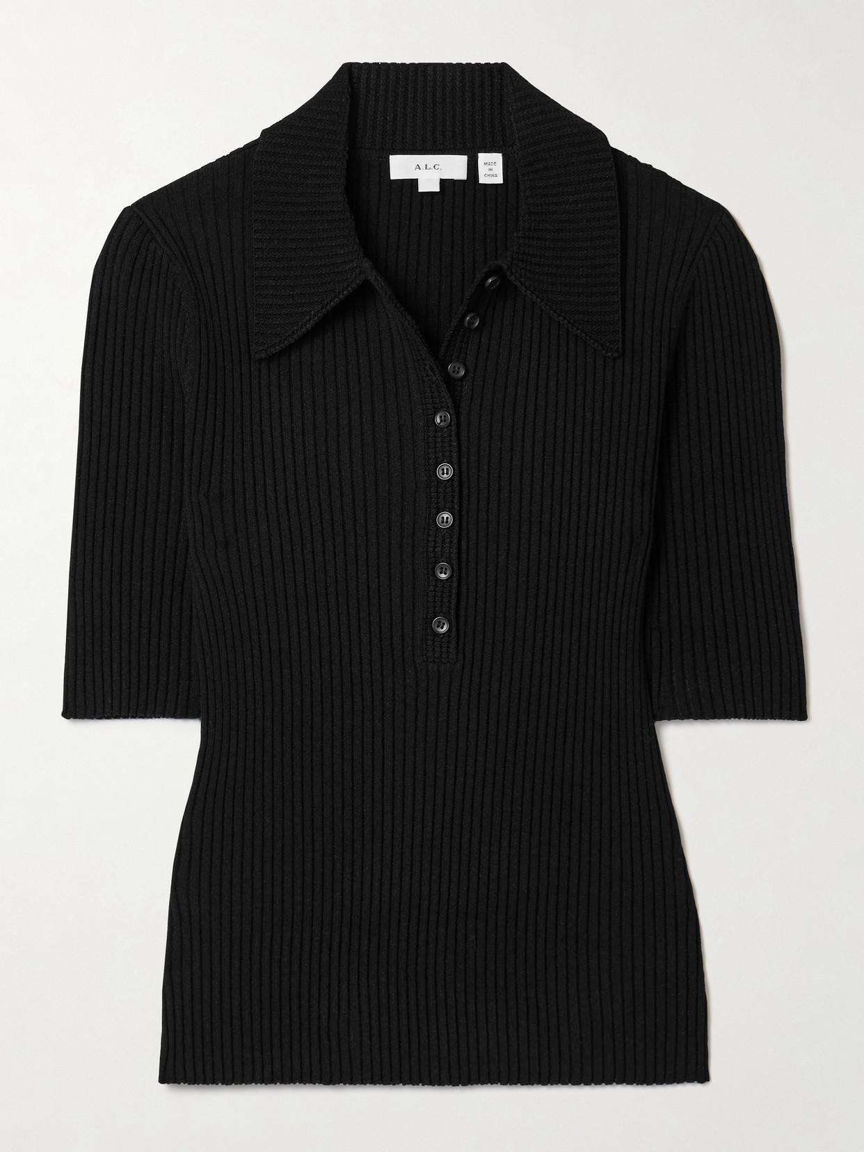 A.l.c Sydney Ribbed-knit Polo Top In Black