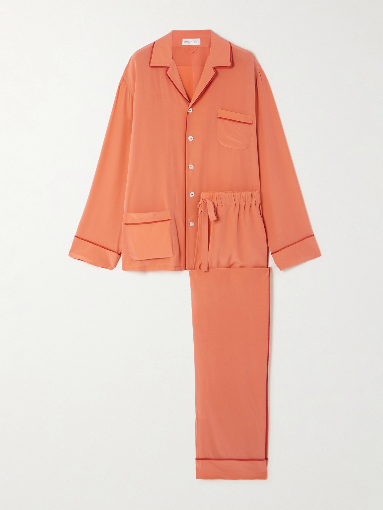 Olivia Von Halle Yves Satin-trimmed Silk-crepe Pajama Set In Orange