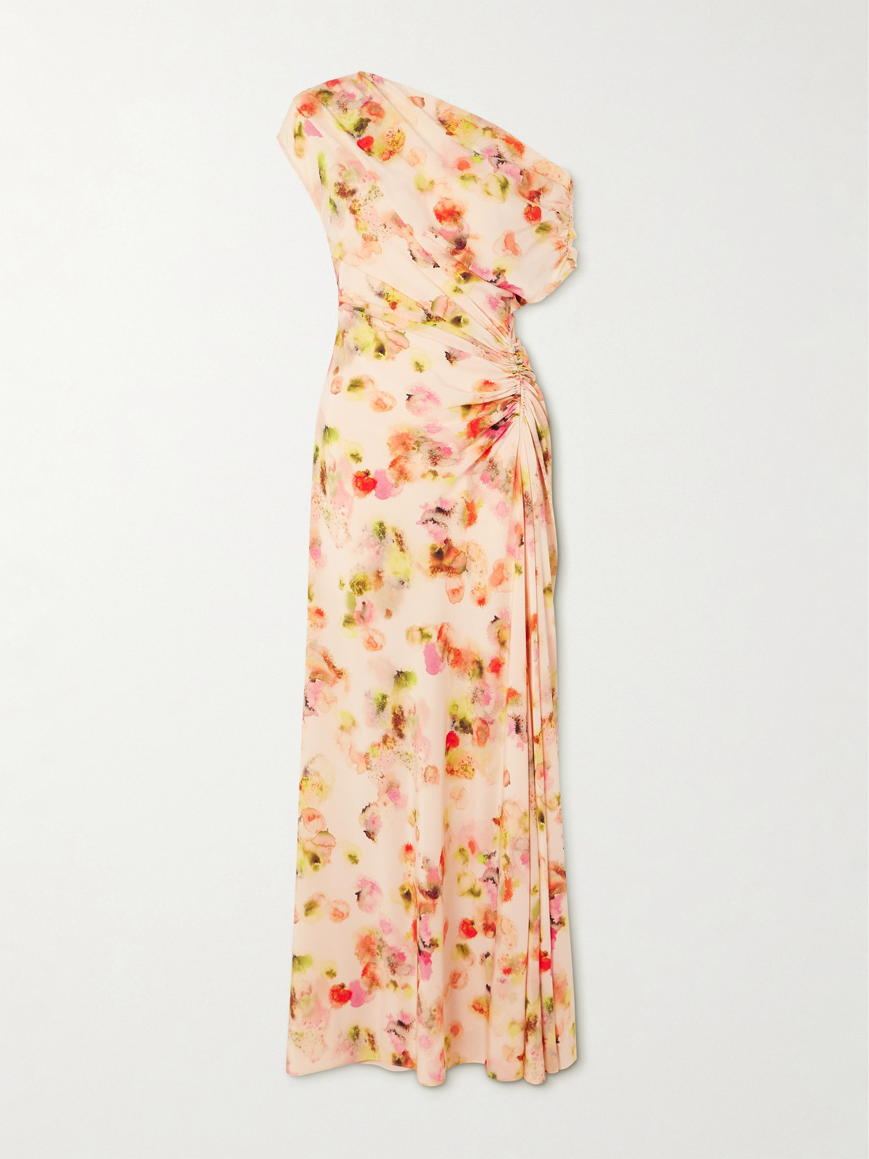 Shop A.l.c Poppy One-shoulder Ruched Printed Stretch-silk Gown In Pink