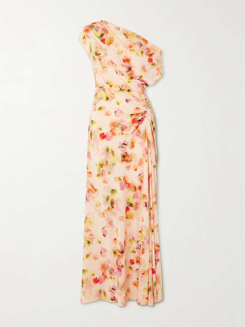 A.L.C. Poppy One-shoulder Ruched Printed Stretch-silk Gown