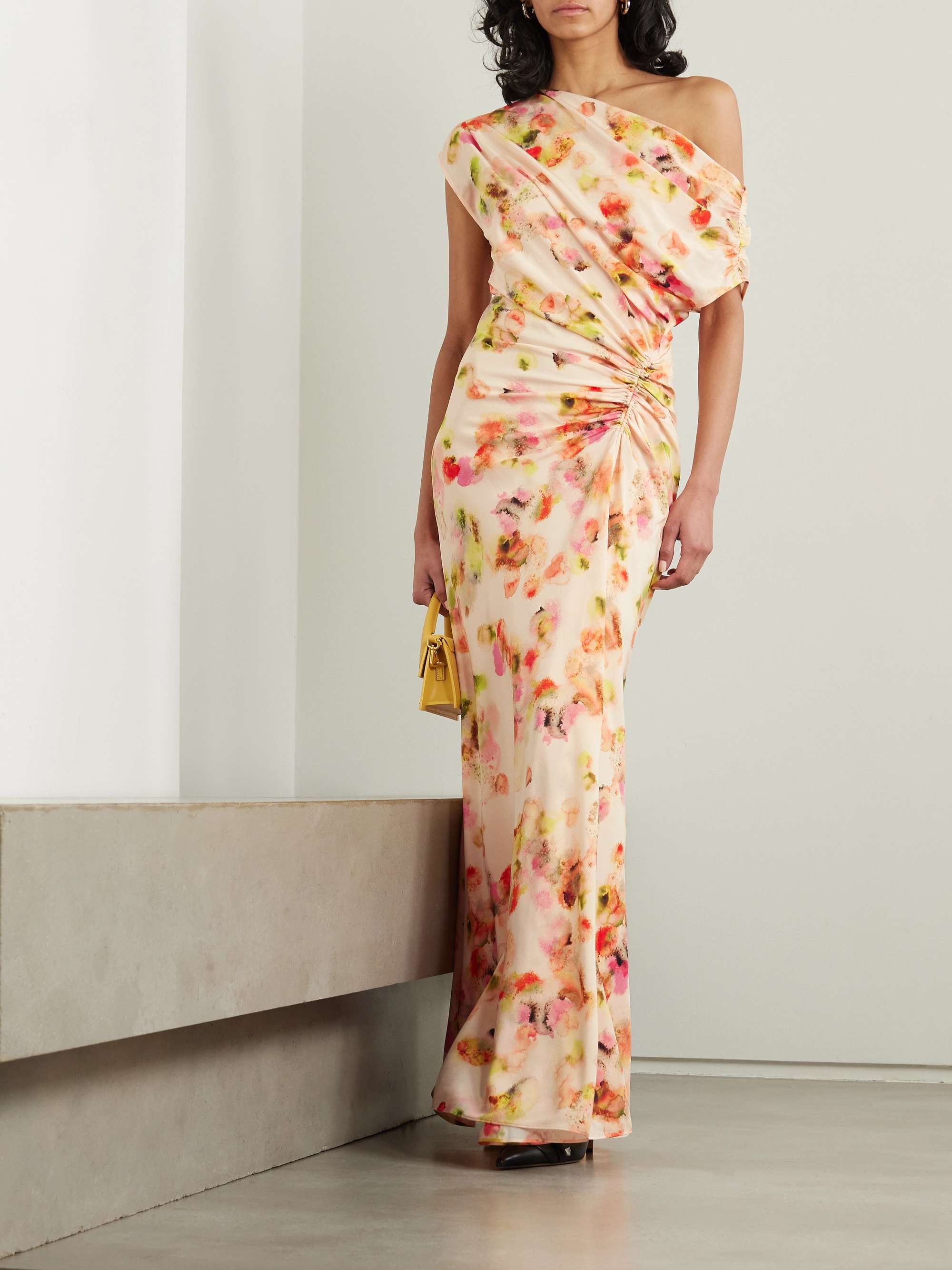 Poppy one shoulder ruched printed stretch silk gown