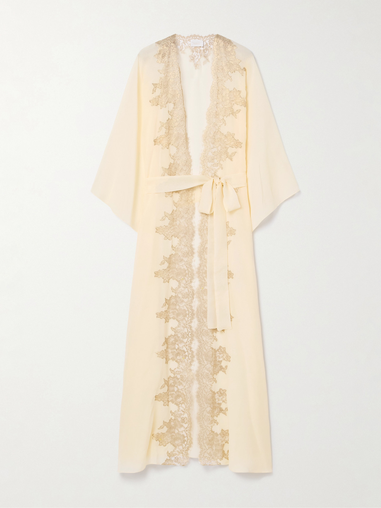 Rosamosario Trouserher Belted Metallic Lace-trimmed Silk-georgette Dressing Gown In Cream