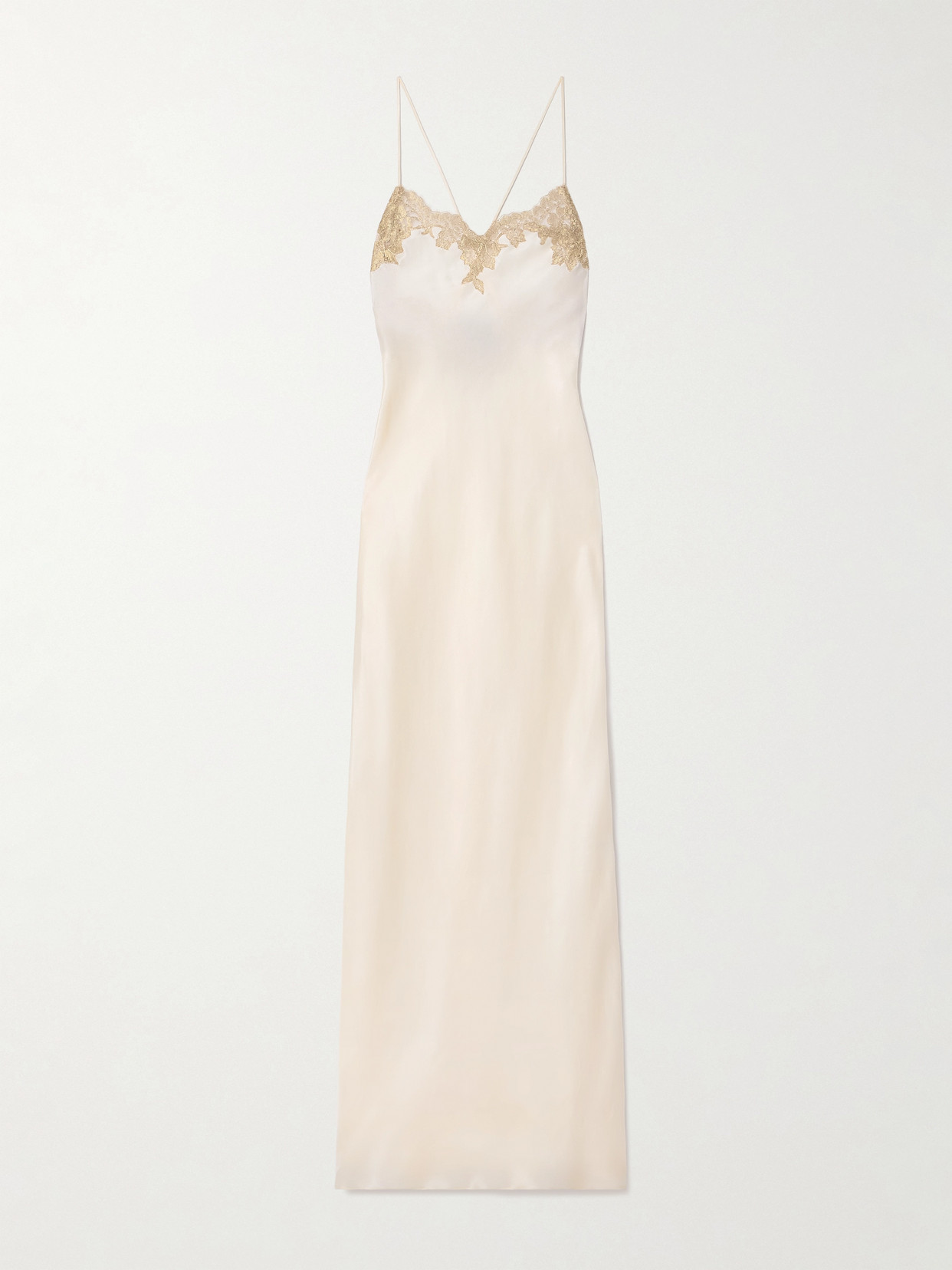 Rosamosario Mathilde Metallic Chantilly Lace-trimmed Silk-satin Maxi Dress In Cream