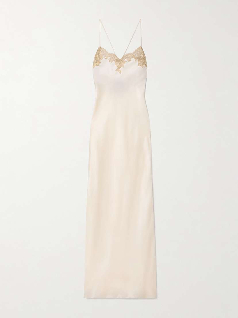 Rosamosario Mathilde Metallic Chantilly Lace-trimmed Silk-satin Maxi Dress
