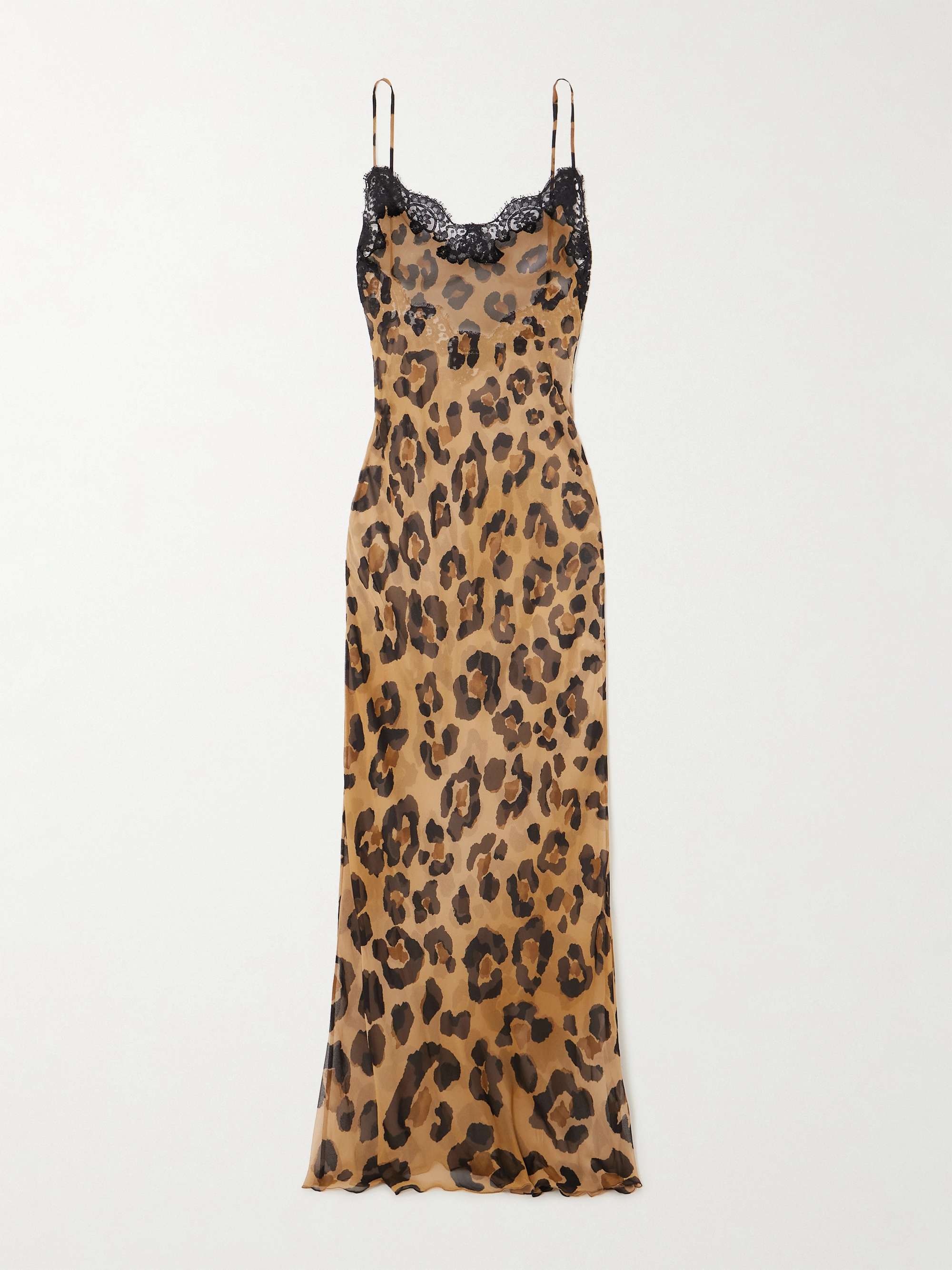 Leopard-print satin midi lingerie-style dress with lace trims in