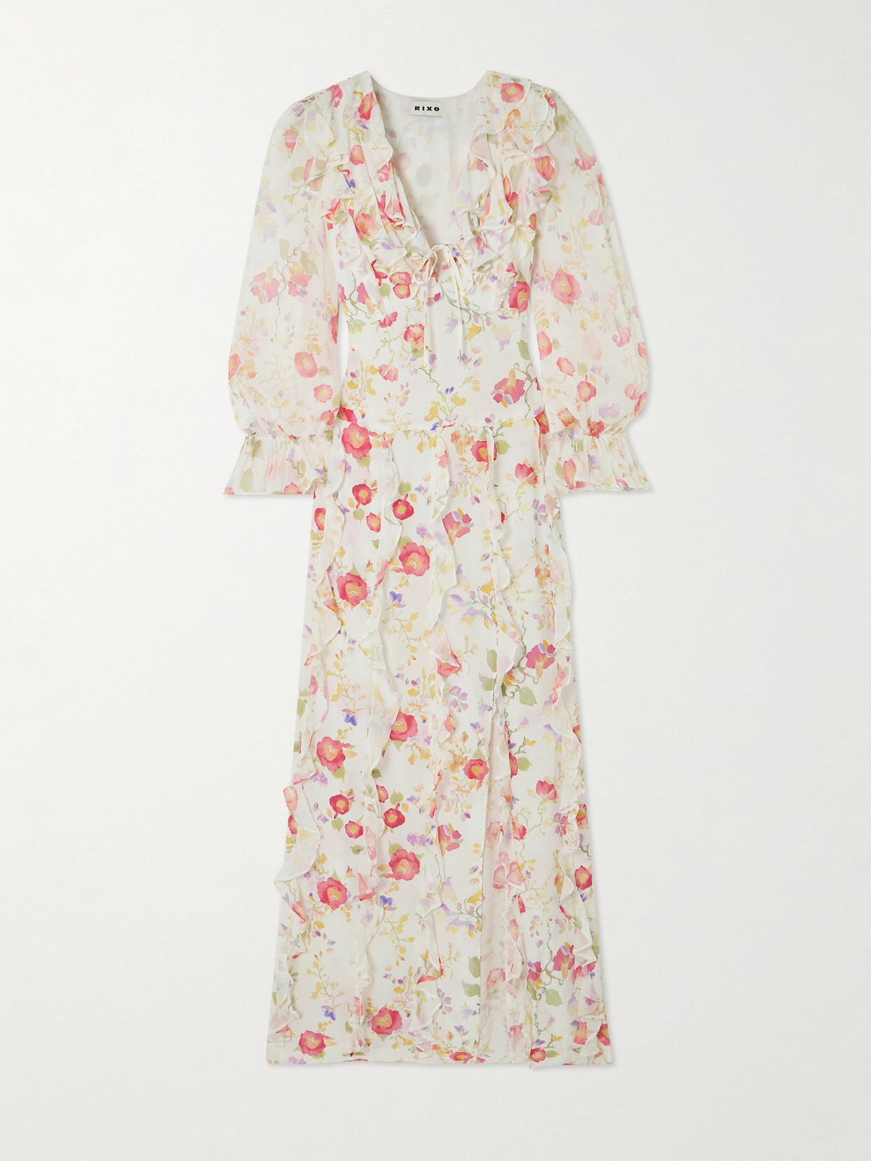 Shop Rixo London Linnett Ruffled Floral-print Silk-chiffon Maxi Dress In Pink