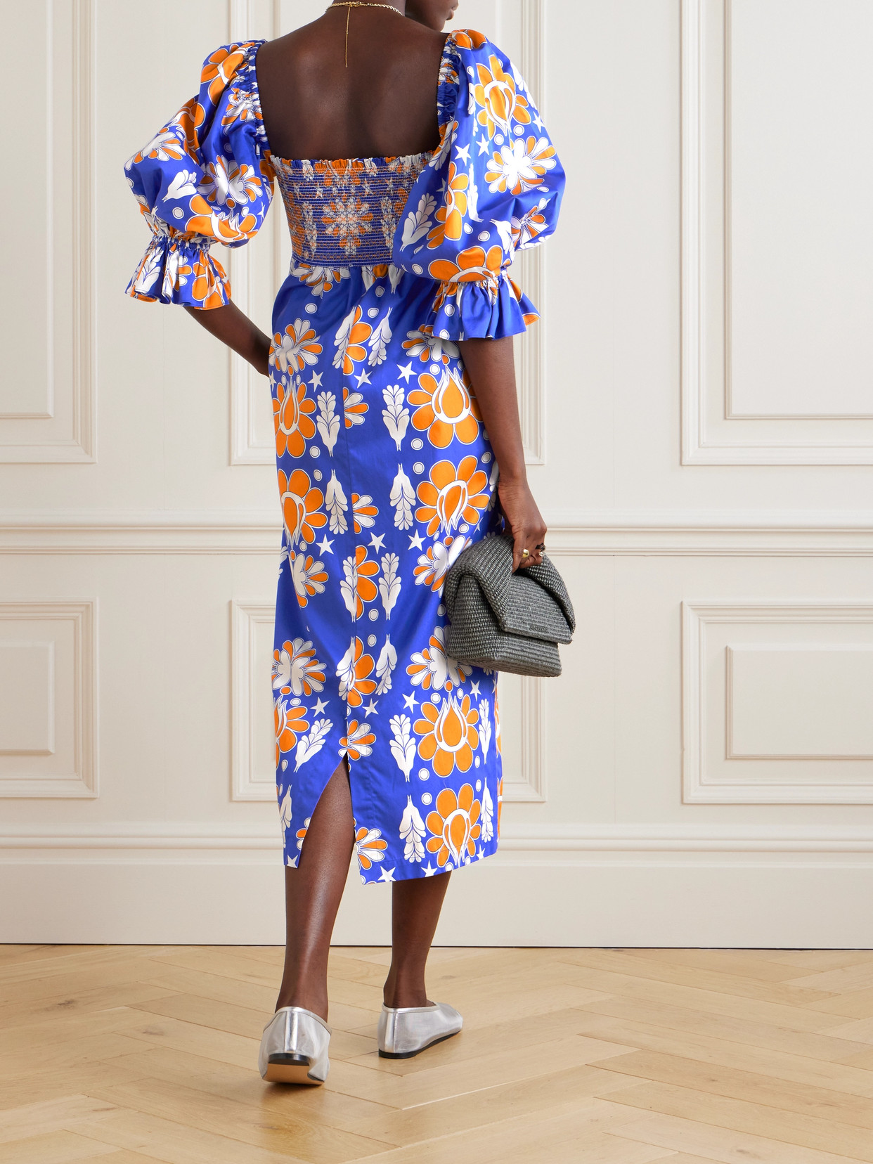 Borgo De Nor Viona Shirred Printed Cotton-poplin Midi Dress In Blue
