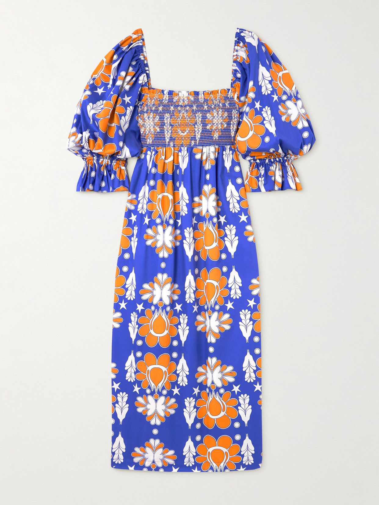 Borgo De Nor Viona Shirred Printed Cotton-poplin Midi Dress In Blue