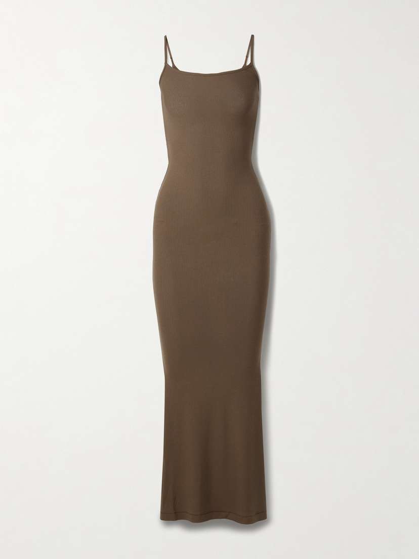 Skims Soft Lounge Rib Long Stretch-modal Slip Dress - Oxide
