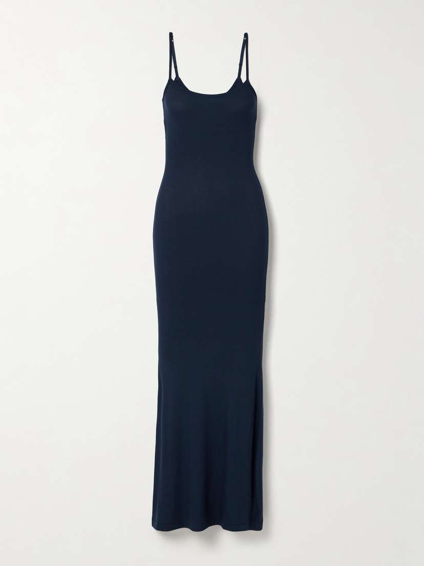Skims Soft Lounge Rib Long Stretch-modal Slip Dress - Navy