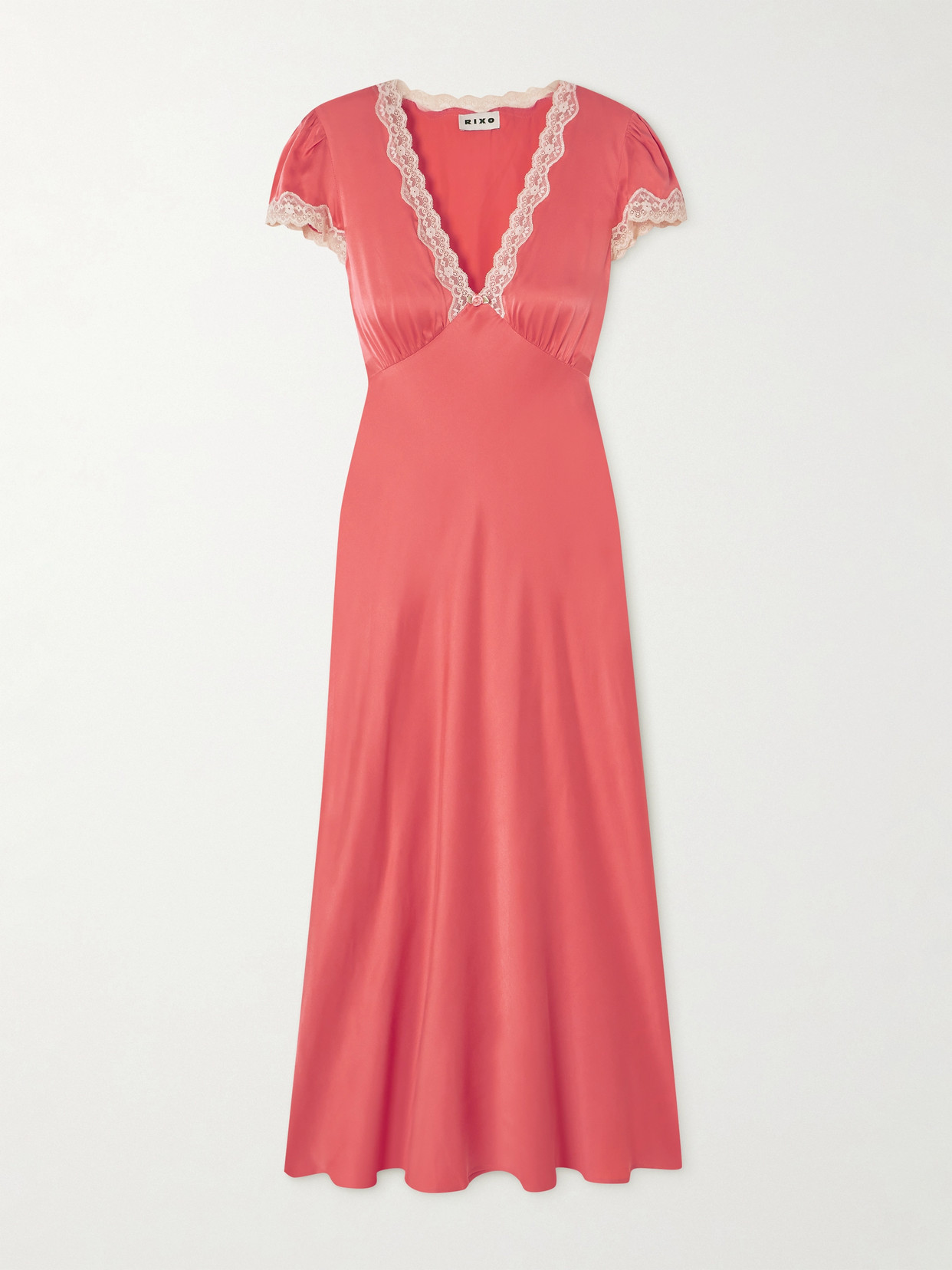 Rixo London Clarice Lace-trimmed Appliquéd Silk-satin Midi Dress In Orange