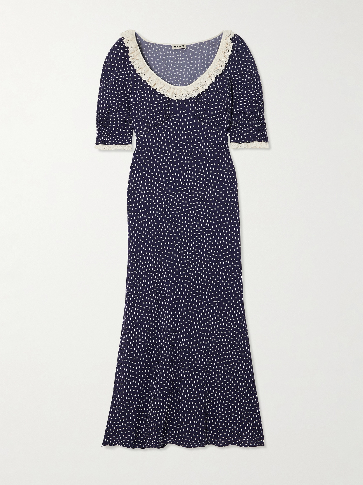 Rixo London Juliette Crochet-trimmed Polka-dot Crepe De Chine Midi Dress In Blue