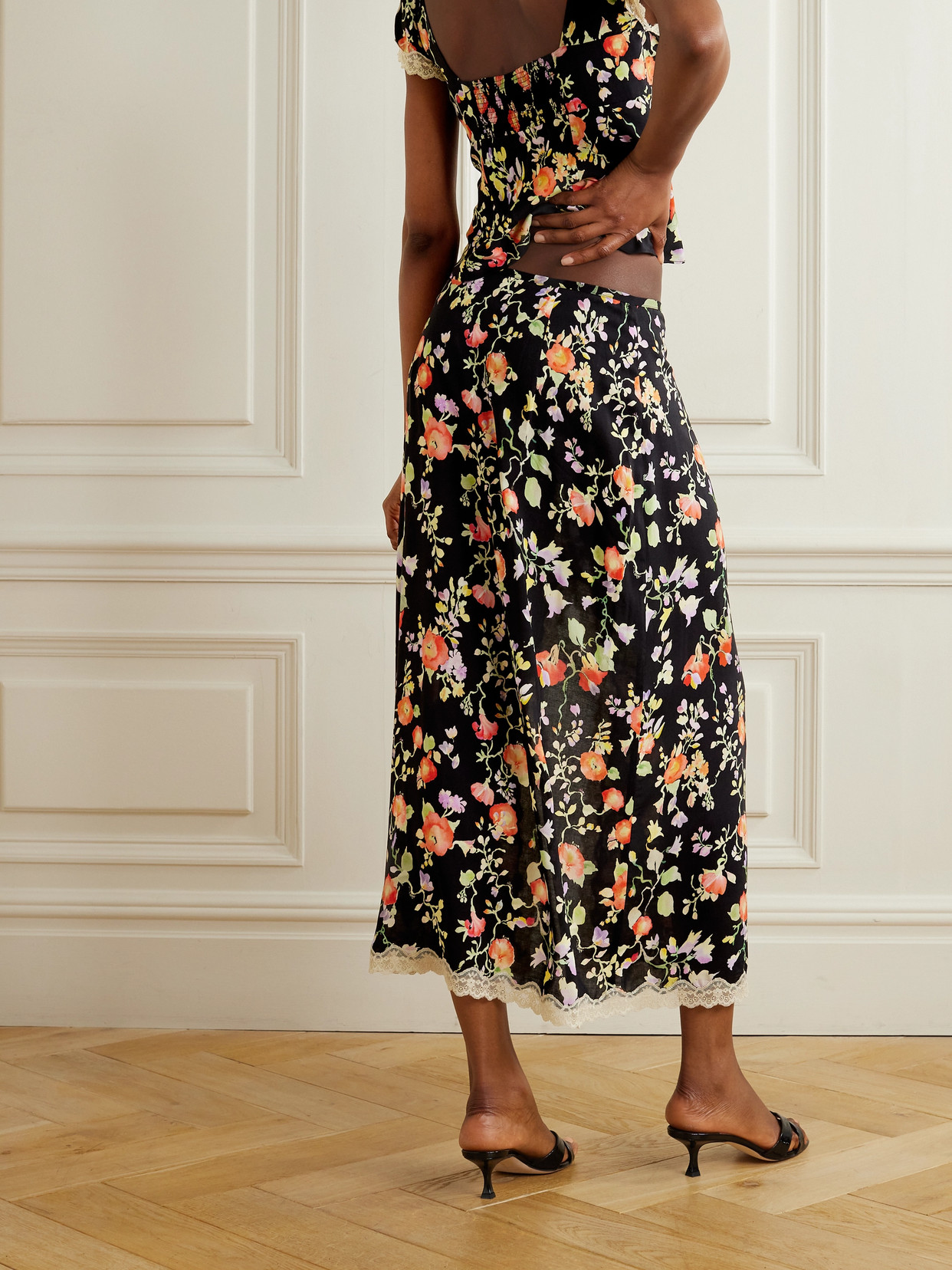 Shop Rixo London Sibilla Lace-trimmed Floral-print Crepe Midi Skirt In Black