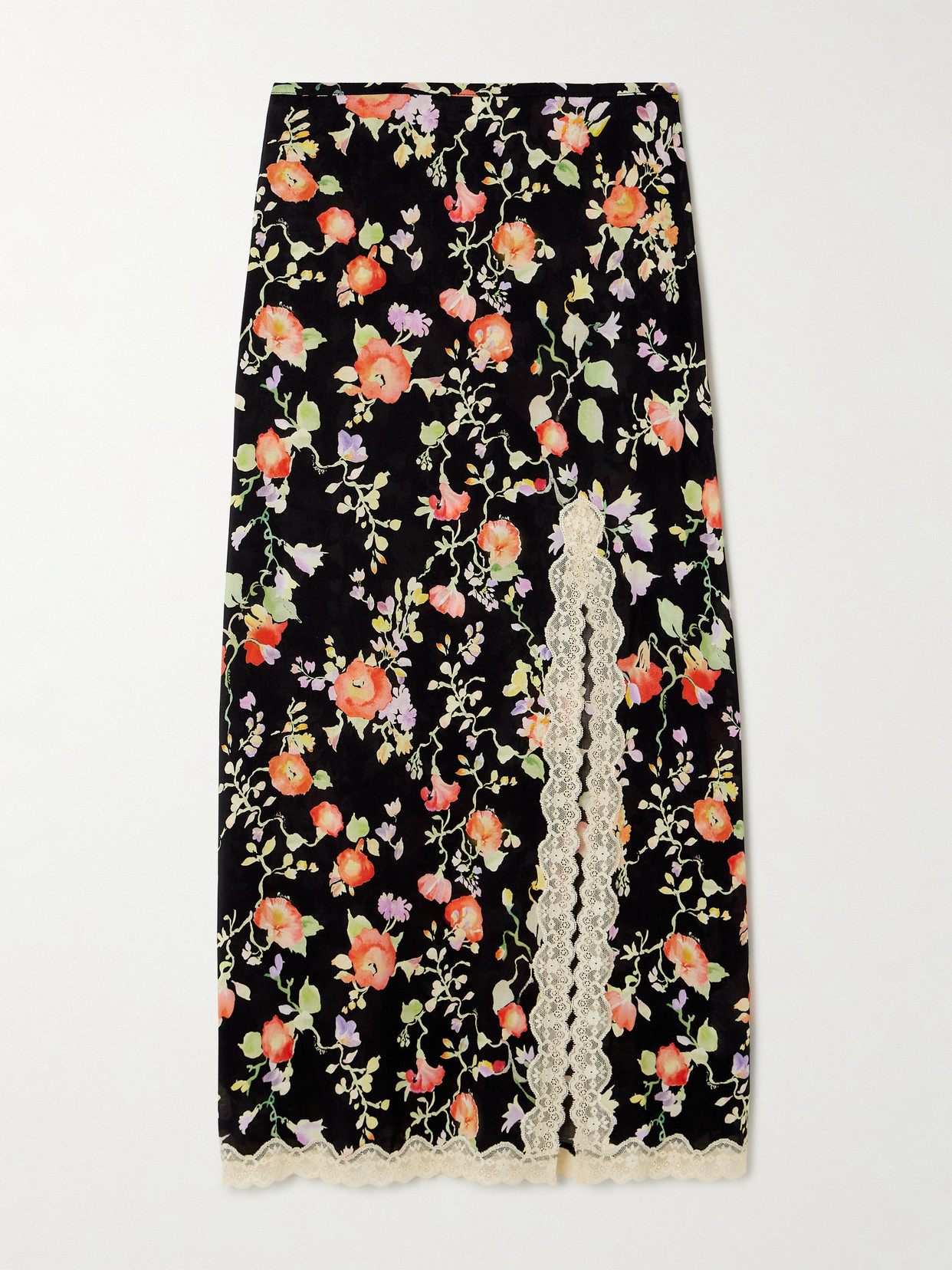 Shop Rixo London Sibilla Lace-trimmed Floral-print Crepe Midi Skirt In Black