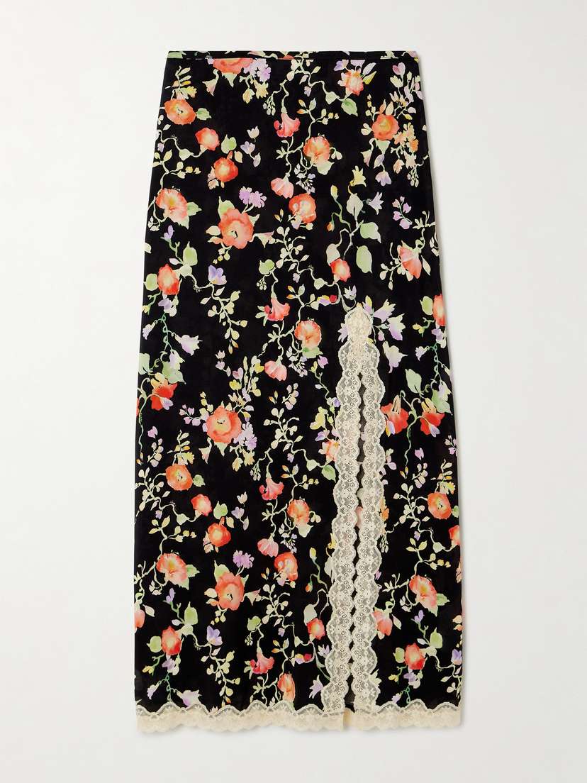 Rixo Sibilla Lace-trimmed Floral-print Crepe Midi Skirt