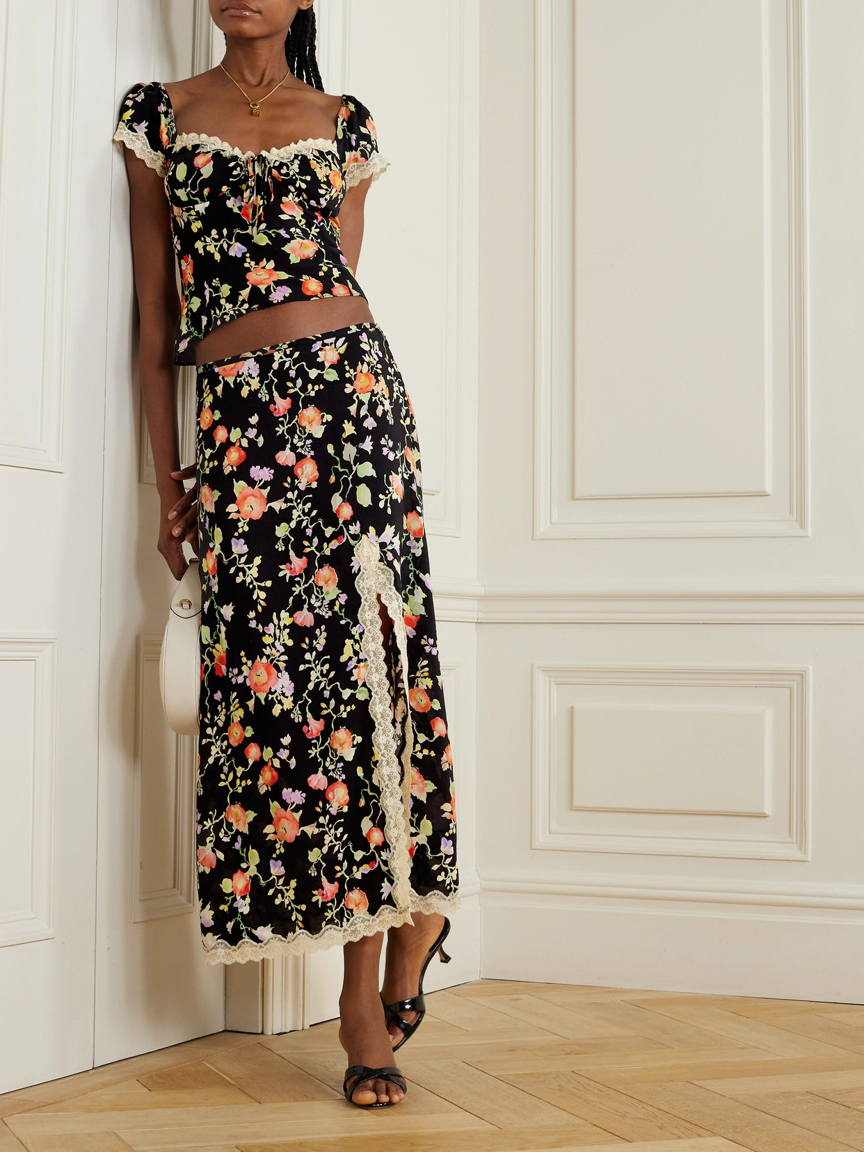Rixo London Rixo Sibilla Floral-print Midi Skirt In Black