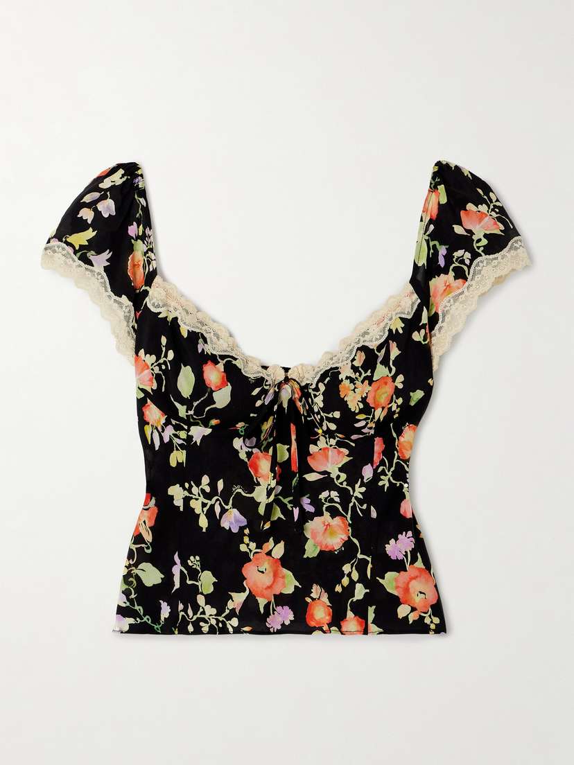 Rixo Rosella Lace-trimmed Floral-print Crepe Top