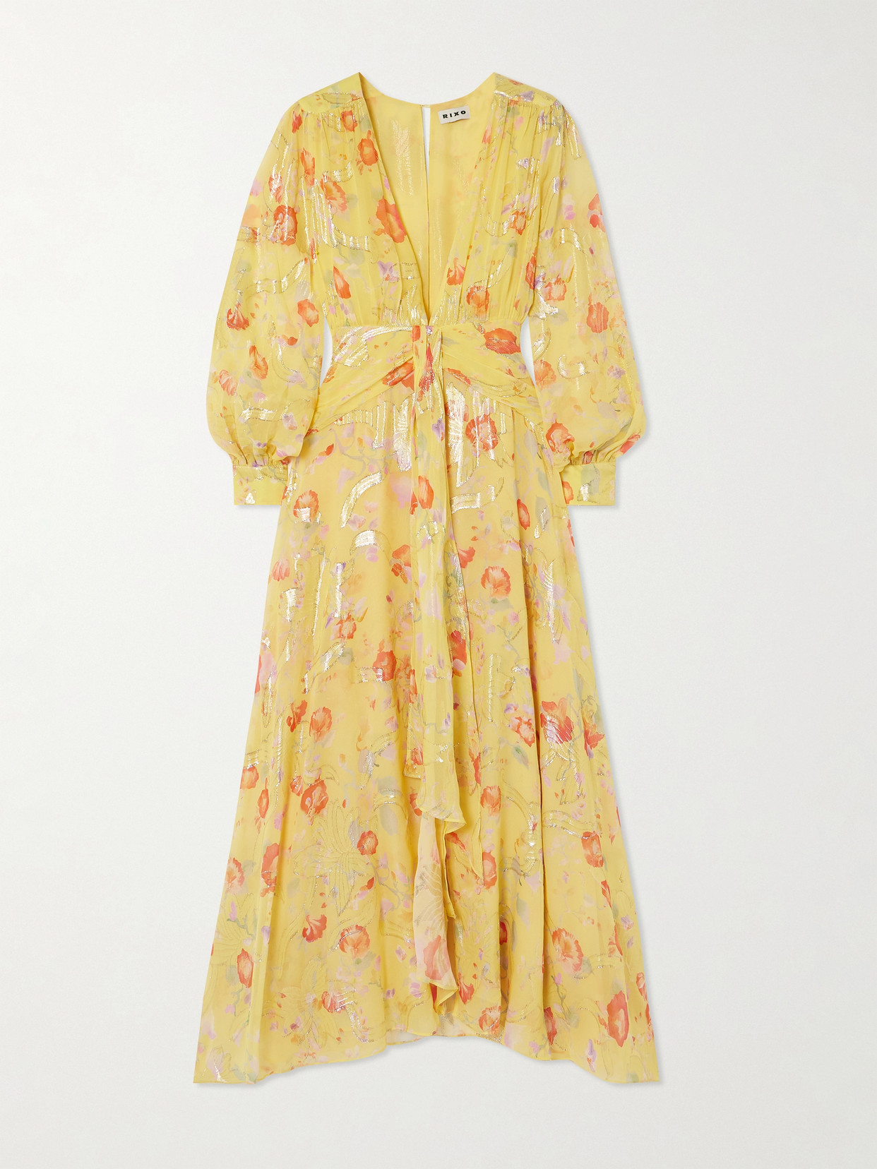 Rixo London Meera Gathered Floral-print Metallic Fil Coupé Silk-blend Maxi Dress In Yellow